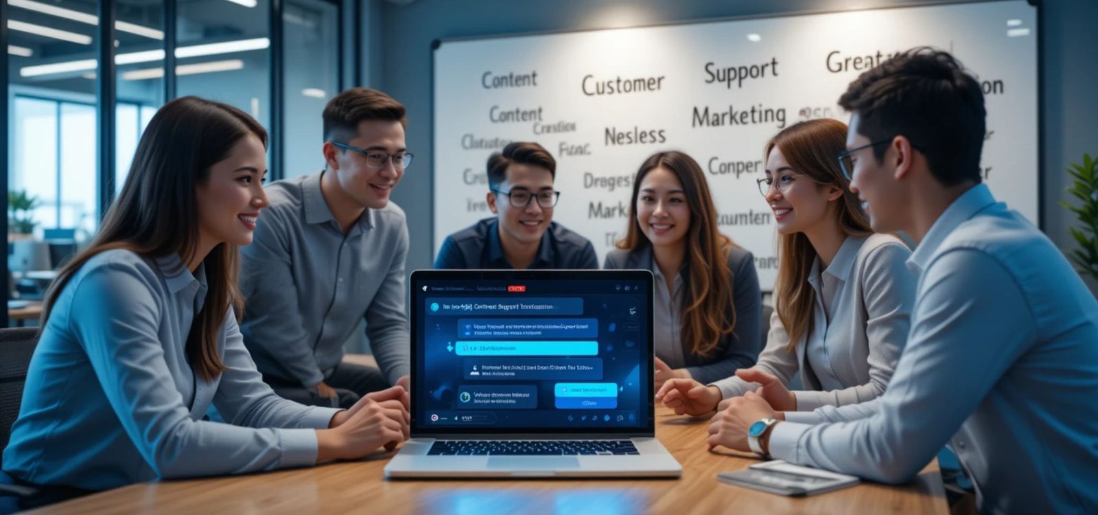A team of professionals in a modern office collaborating around a laptop displaying a ChatGPT interface. The background features a whiteboard with keywords like ‘Customer Support,’ ‘Content Creation,’ and ‘Marketing,’ highlighting the use of ChatGPT for business growth strategies.