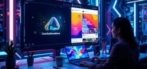 A futuristic design studio featuring a digital screen displaying a graphic design project. The screen shows a logo being designed with AI on one side and a colorful social media post on the other. A designer works on a sleek laptop with glowing neon accents, surrounded by design tools like a stylus and sketchpad, in a modern, tech-inspired workspace."