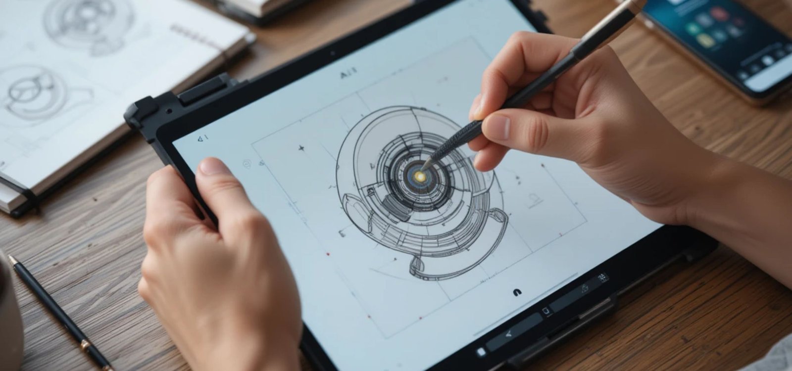 A close-up of a designer’s hands using a stylus on a tablet to create a digital illustration. The tablet screen shows an AI-powered design tool interface with options like ‘Auto-Color’ and ‘Style Transfer.’ A notebook with sketches and a smartphone are on the desk, creating a creative workspace scene.