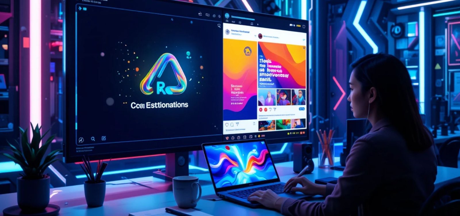A futuristic design studio featuring a digital screen displaying a graphic design project. The screen shows a logo being designed with AI on one side and a colorful social media post on the other. A designer works on a sleek laptop with glowing neon accents, surrounded by design tools like a stylus and sketchpad, in a modern, tech-inspired workspace."