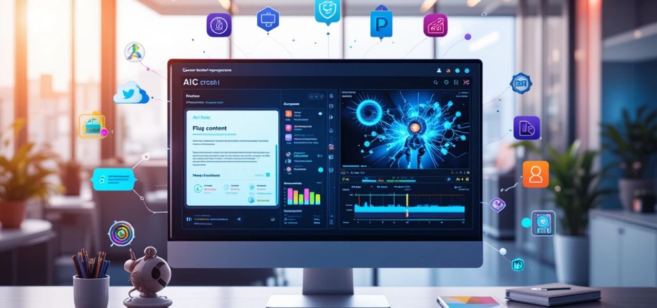 Top 10 AI Tools for Content Creation in 2025 2 A futuristic computer screen displaying a vibrant dashboard with AI tools in action. One side shows an AI writing assistant generating blog content, while the other side features an AI video editor creating dynamic videos. Colorful icons and graphs around the screen represent productivity and creativity. The background is a sleek, modern office with glowing lights, symbolizing innovation and the future of AI-powered content creation.