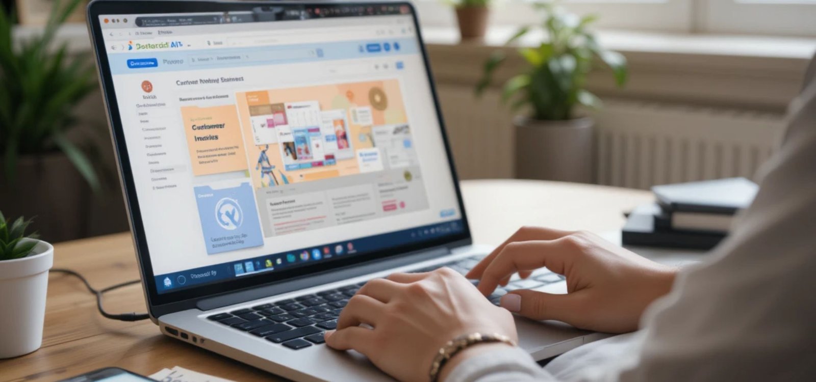 "A close-up of a small business owner working on a laptop in a cozy home office. The laptop screen shows an AI-powered tool interface with features like ‘Automated Invoicing’ and ‘Customer Support Chatbots.’ A smartphone displaying a calendar app and a notebook with handwritten notes are on the desk, creating a productive workspace scene.