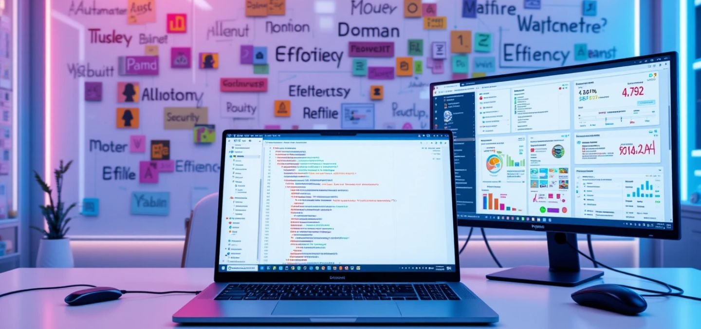 A futuristic developer workspace featuring a laptop and dual monitors. The laptop screen displays a code editor with AI-powered tools like GitHub Copilot and Tabnine, showing features like ‘Code Suggestions’ and ‘Auto-Completion.’ The second monitor shows a dashboard with metrics like ‘Code Quality’ and ‘Bug Detection.’ A whiteboard in the background displays keywords like ‘Automation,’ ‘Efficiency,’ and ‘Security,’ with colorful sticky notes and diagrams, symbolizing innovation and productivity.