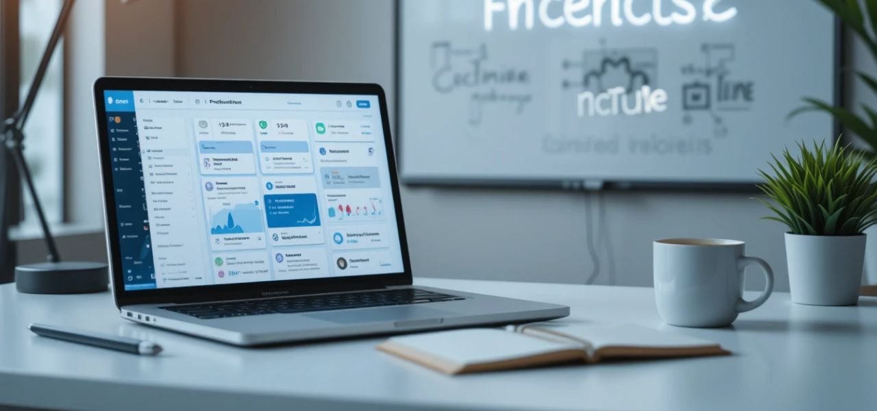 A modern workspace featuring a laptop displaying a productivity dashboard with AI-powered tools like task lists and calendar events. A notebook and coffee cup are on the desk, and a whiteboard in the background shows keywords like ‘Automation,’ ‘Time Management,’ and ‘Focus,’ symbolizing efficiency and innovation.