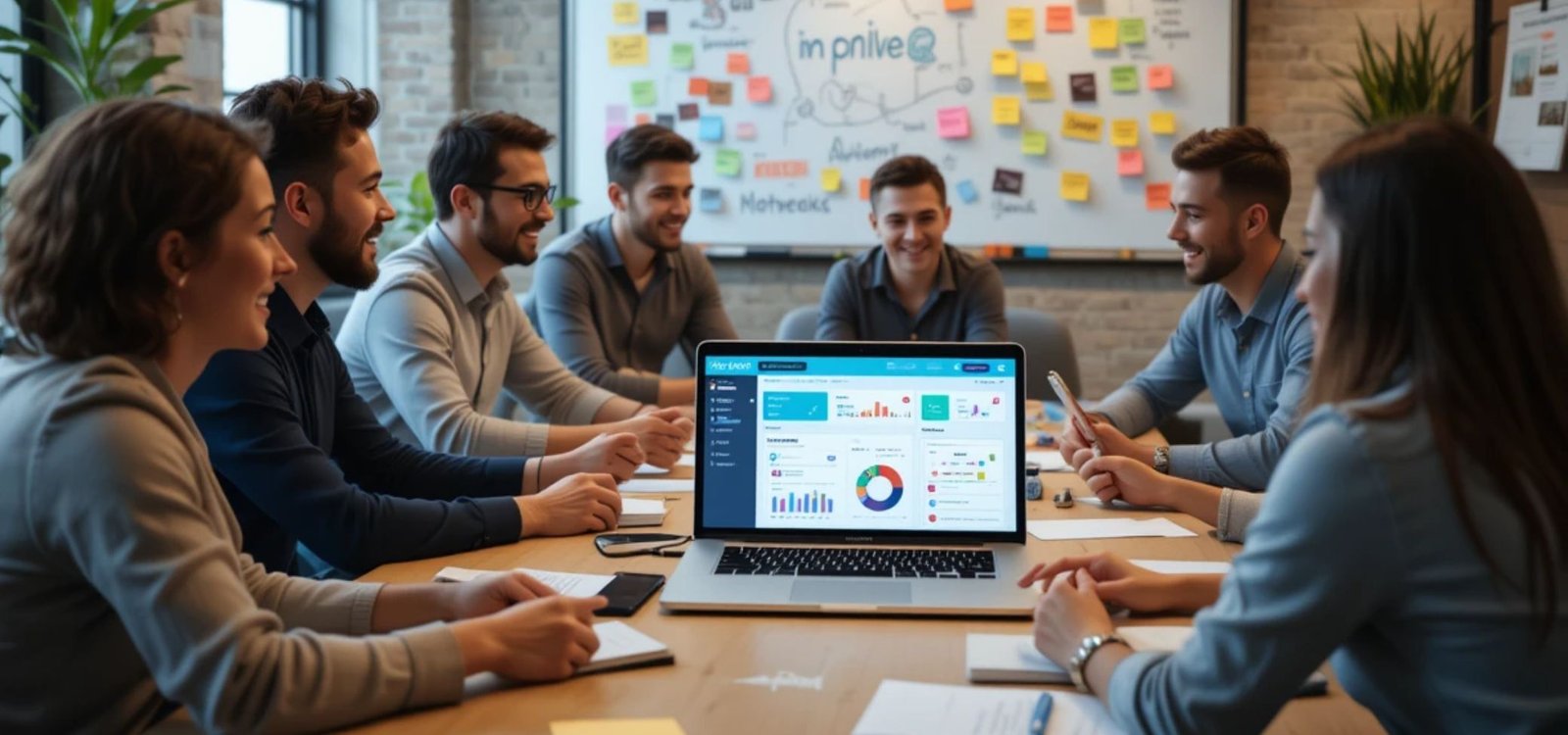A vibrant small business office featuring a team of entrepreneurs collaborating around a table. A laptop displays a dashboard of AI tools like HubSpot and Zoho Zia, showing metrics like ‘Sales Growth’ and ‘Customer Satisfaction.’ A whiteboard in the background displays keywords like ‘Automation,’ ‘Efficiency,’ and ‘Growth,’ with colorful sticky notes and charts, symbolizing innovation and success.