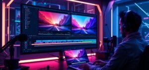 A futuristic video editing studio featuring a monitor displaying a video editing timeline. The screen shows a video being edited with AI-powered effects on one side and a polished, finished video on the other. A video editor works on a sleek laptop with glowing neon accents, surrounded by equipment like a microphone and camera, in a modern, tech-inspired workspace.