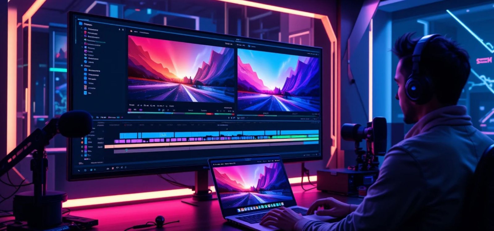 A futuristic video editing studio featuring a monitor displaying a video editing timeline. The screen shows a video being edited with AI-powered effects on one side and a polished, finished video on the other. A video editor works on a sleek laptop with glowing neon accents, surrounded by equipment like a microphone and camera, in a modern, tech-inspired workspace.